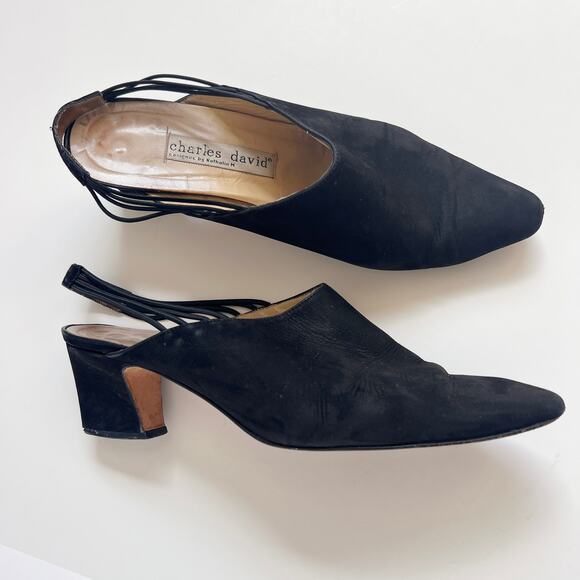 Vintage 90s Black Suede Leather Slingback Mules Heels Size‎ 10 Victorian Gothic - Picture 10 of 10
